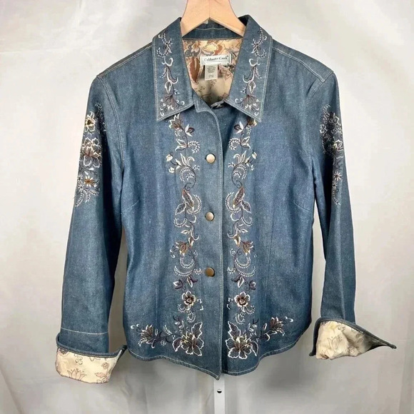 Coldwater Creek Size Medium Denim Floral Embroidered Jacket Casual - Picture 1 of 13